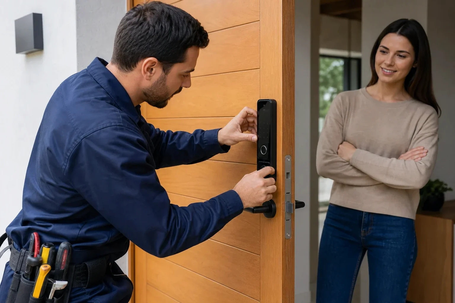 Chaveiro em Açailândia fazendo a instalação de uma fechadura digital em uma porta.