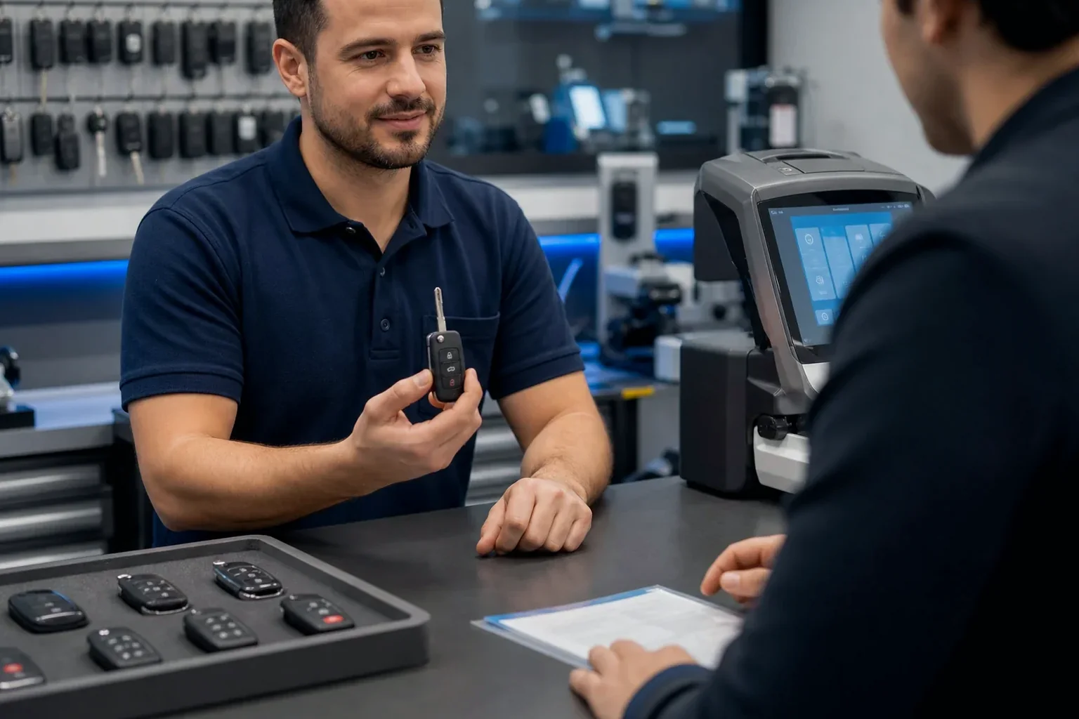 Chaveiro em Açailândia produzindo uma chave codificada com equipamento especializado.