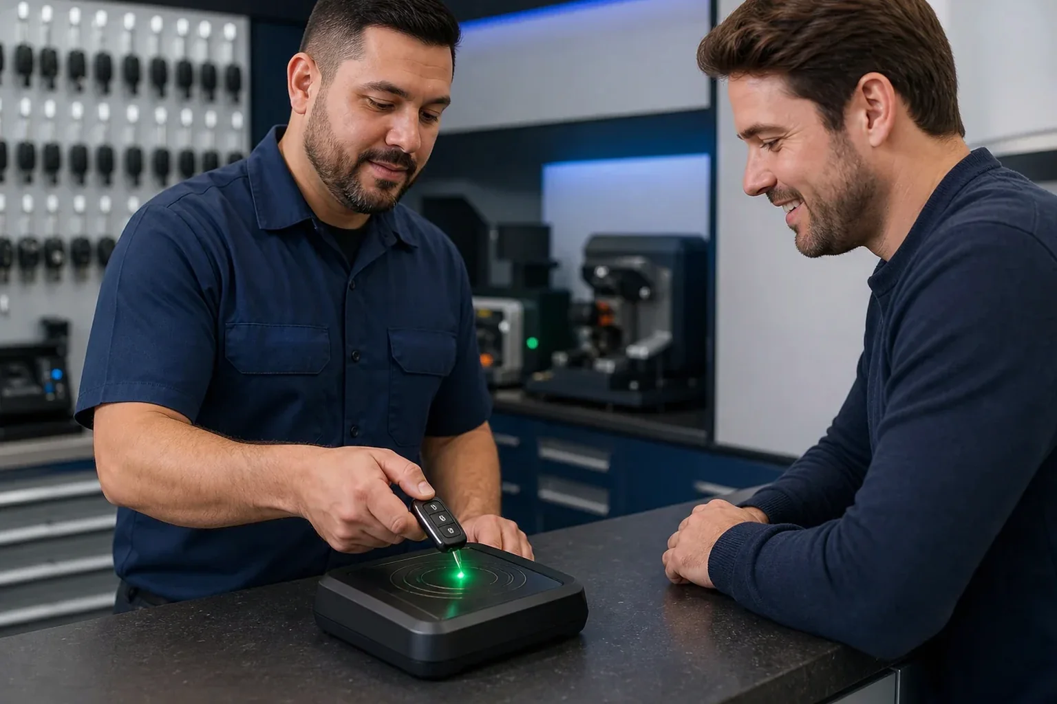 Chaveiro em Açailândia programando um controle remoto de segurança.